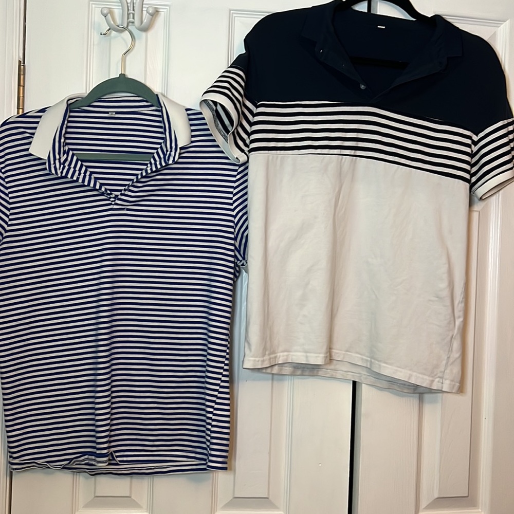 Set of 2 Blue and White Striped Men's Polo Shirts Size Small
